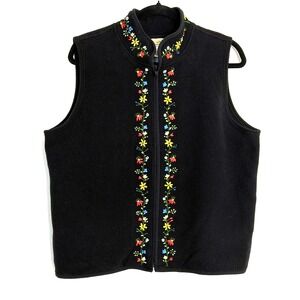 VTG‎ Talbots Sweater Vest Fleece Black Women's PL Embroidered Floral